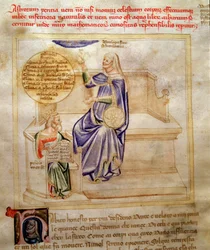 Alegoría de la Astrología o de la Astronomía en “Song of the Seven Vertus and the Seven Liberals Arts destinee a Bruzio Visconti” (La Canzone delle Virtu e delle Scienze) de Bartolomeo di Bartoli. Acuarela de Andrea di Bartoli (activo entre 1358 y 1368)