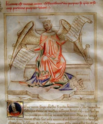 Alegoría de la Caridad alada pisoteando a Herodes I el Grande en “Song of the Seven Vertus and the Seven Liberals Arts destinee for Bruzio Visconti” (La Canzone delle Virtu e delle Scienze) de Bartolomeo di Bartoli. Acuarela de Andrea di Bartoli