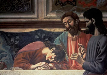La Última Cena, (detalle) de Judas, Cristo y San Juan, 1447