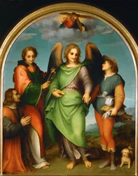 Arcángel Rafael y Tobías, San Laurencio y el donante, Leonardo di Lorenzo Morelli (pintura sobre madera)