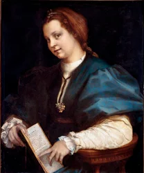 Retrato de una desconocida (Dama en Petrarchino, la mujer sostiene en sus manos una copia del 