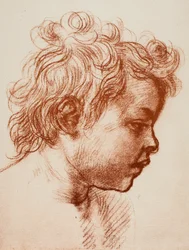 Estudio para la cabeza de San Juan (niño) de la Sagrada Familia, Galería Palatina, Pitti; dibujo de Andrea del Sarto, Gabinetto dei Disegni e Stampe, Galería Uffizi, Florencia
