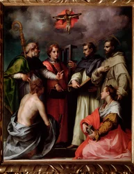 La disputa de la Santísima Trinidad, con San Pedro, San Lorenzo, San Agustín de Hipona, San Francisco, San Sebastián, Santa María Magdalena