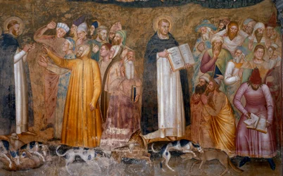 Triunfo de la iglesia militante: Tomás de Aquino ante los herejes y en la parte inferior derecha, Fra Dolcino rasgando la doctrina oficial de la Iglesia. Capilla de los Españoles (detalle)