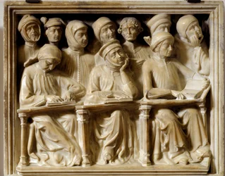 Arco funerario de Bartolomeo da Saliceto: estudiantes asistiendo a un curso (escultura)