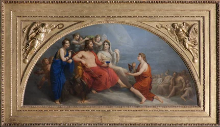 El Olimpo (Júpiter, coronado con mirto por las Horas, ofrece una copa a Ganimedes para ser servido néctar)