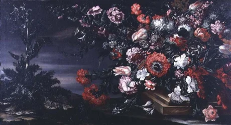 Naturaleza muerta de flores en un jarrón de piedra
