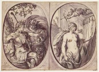 Dos composiciones ovales en una hoja. A la izquierda, una pastora (¿Diana?) sentada con un bastón y un perro a su lado. Ella sostiene una manzana que Mercurio, con capa, parece haberle traído; en esta dice: "Det: pulcherrima". En el óvalo a la derecha, una