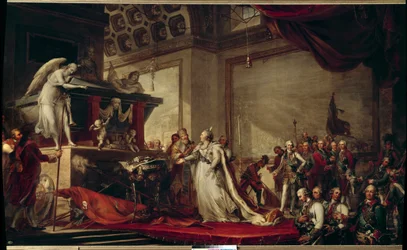 Impresa Catalina II de Rusia (1729-1796) coloca los trofeos tomados a los turcos delante de la tumba de Pedro el Grande Pintura de 1791 de Andreas Caspar Hune (Huene) (1758-1813) - Pushkin (ciudad) - (¿Palacio de Catalina?)