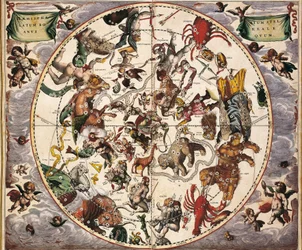 CELLARIUS, Andreas (1596-1665). Atlas Coelestis seu Harmonia Macrocosmica. 1661. Fol 24. Hemisphaerium stellatum boreale antiquum. Representación del hemisferio norte. Impreso en Amsterdam por Johannes Janssonius. Época moderna temprana. Grabado. ESPAÑA. C