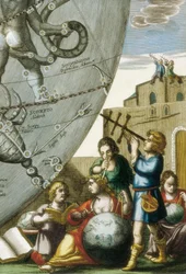 Científicos (astrólogos y astrónomos) estudiando globos y la carta del cielo, (detalle)