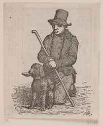 Mendigo arrodillado con perro caniche