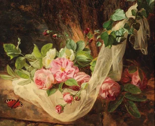 Naturaleza muerta con rosas en el bosque