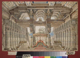 Decoración preparatoria para el ballet Cesar en Egipto. Obra de Andreas Leonhard Roller (1805-1891), acuarela y gouache sobre papel