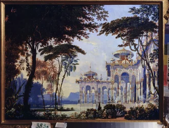 Palacio - Decoración preparatoria para la ópera "Rouslan y Lyudmila" de Mikhail Glinka (1804-1857) - Escenografía para la ópera Ruslan y Lyudmila de M Glinka - Obra de Andreas Leonhard Roller (1805-1891), acuarela y gouache sobre papel