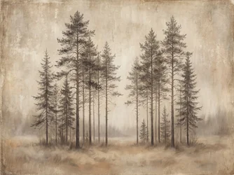 Boceto de un bosque de pinos envuelto en niebla