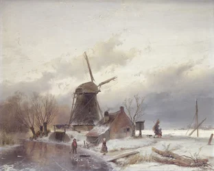 Paisaje de río congelado con un molino de viento