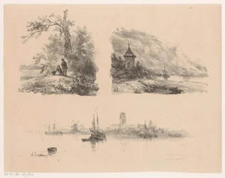 Figuras en un bosque, un río a lo largo de una costa montañosa y barcos en el agua