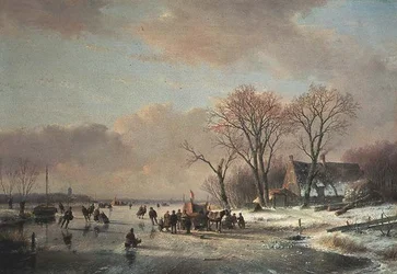 Paisaje de río invernal con numerosos patinadores