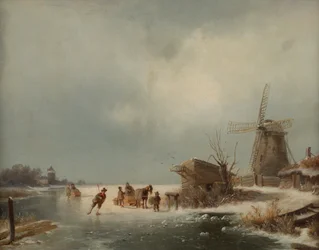 Paisaje invernal con patinadores sobre hielo.