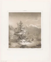 Paisaje invernal con pinos y un hombre con trineo
