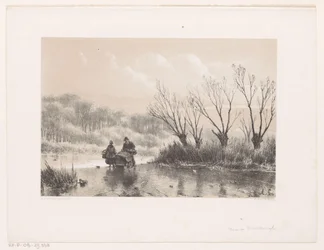 Paisaje invernal con dos figuras sobre el hielo.