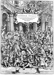 Portada de De Humani Corporis Fabrica de Andrés Vesalio, que muestra a Vesalio diseccionando un cuerpo, 1543