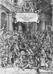 Página de título de De humani corporis fabrica (en latín Sobre la estructura del cuerpo humano), donde Andreas Vesalius aparece diseccionando un cadáver