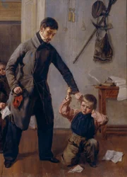 En la escuela. Un profesor de una escuela rural agarra a un niño por la oreja en el aula donde otros niños están haciendo caras y travesuras. Pintura de Andrei Andreyevich Popov (1832-1896), detalle, óleo sobre lienzo