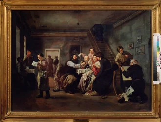 una taberna (Escena alrededor de las mesas puestas, la gente bebe té, un joven oficinista lee una hoja impresa, un anciano enseña grabados a un aficionado fumando en pipa). Pintura de Andrei Andreyevich Popov (1832-1896), óleo sobre lienzo