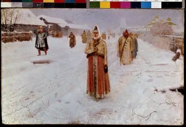 domingo (domingo). En invierno, en un camino nevado en el Gran Ducado de Moscú, durante los tiempos turbulentos (siglo XVI-XVII) de la antigua Rusia, los boyardos (boiards, boiars), hombres y mujeres, con trajes tradicionales, regresan de la iglesia. la pi