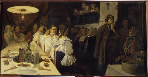 Esperando el regreso de la pareja nupcial de una iglesia en la provincia de Novgorod. Pintura de Andrei Petrovich Ryabushkin (Riabutchkin) (1861-1904), óleo sobre lienzo