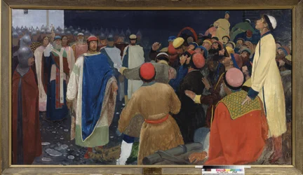 El príncipe Gleb Sviatoslavich (m. 1079) mata a un volkhve (adivino eslavo) en una veche en Nóvgorod. Pintura de Andrei Petrovich Ryabushkin (Riabuchkin) (1861-1904), óleo sobre lienzo