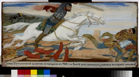 El príncipe Vasily Ukhtomsky tiene la batalla contra los tártaros (tártaros) en el Volga en 1469. (El príncipe Ukhtomsky en la batalla con los tártaros en Volga en 1469). Obra de Andrei Petrovich Ryabushkin (Riaboutchkine) (1861-1904), gouache sobre papel