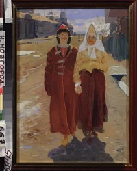 Visita de salida. (pareja de elegantes boyardos (boiards, boiars) con ropa tradicional, caminando por la calle de un pueblo con casas de madera). Pintura de Andrei Petrovich Ryabushkin (Riaboutchkine) (1861-1904), óleo sobre lienzo
