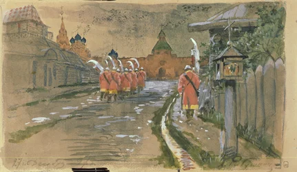 Patrulla de Strelets en las Puertas de Ilyinsky en el Viejo Moscú, 1897