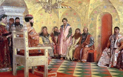 Zar Mijaíl Fiódorovich (1596-1645) con boyardos sentados en su habitación, 1893