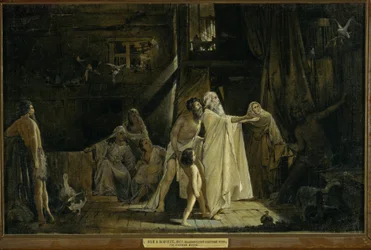 Vista interior del Arca de Noé. La paloma le trae una rama de olivo a Noé después del Diluvio, una señal de que las aguas están retrocediendo. (Arca de Noé). Pintura de Andrei Petrovich Ryabushkin (Riabutchkin) (1861-1904)