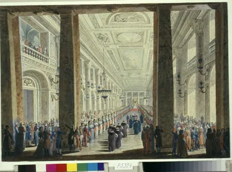 Recepción en honor del embajador turco ofrecida por la emperatriz Catalina II de Rusia (1729-1796) en el Palacio de Invierno de San Petersburgo. Obra de Andrei Voronikhine (1759-1814)