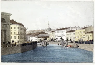 Le pont Bolshoi Koniushennyi a San Petersburgo. (Puente Bolshoi Koniushennyi en San Petersburgo). Litografía y acuarela de Andrei Yefimovich Martynov (1768-1826)