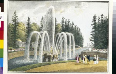Vista de la Fuente de Sansón en los Jardines Superiores de Peterhof en Rusia (La Fuente de Sansón en los Jardines Superiores de Peterhof). Litografía y acuarela de Andrei Yefimovich Martynov (1768-1826)