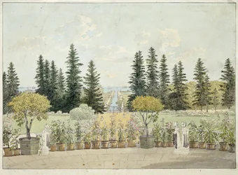 Vista desde la Terraza del Gran Palacio Oranienbaum en Lomonossov, aglomeración de San Petersburgo (Vista desde la Terraza del Gran Palacio Oranienbaum). Obra de Andrei Yefimovich Martynov (1768-1826), acuarela sobre papel