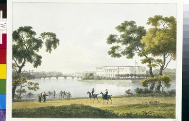 Vista del Palacio en la Isla de la Piedra (o Isla Kamenny) en San Petersburgo (Vista del Palacio de la Isla Kamenny en San Petersburgo). Litografía y acuarela de Andrei Yefimovich Martynov (1768-1826)