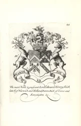 Escudo de armas y cresta de Lord Edward Henry Rich, 7º Conde de Warwick y Holland, Barón Rich de Leeze y Kensington