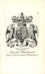 Escudo de armas y cresta del honorable Charles Mordaunt, 3º Conde de Peterborough y 1º Conde de Monmouth