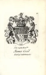 Escudo de armas y cresta del honorable James Cecil, 5º Conde de Salisbury
