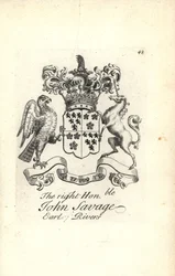 Escudo de armas y cresta del honorable John Savage, 5º Conde de Rivers