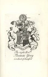 Escudo de armas y cresta del honorable Thomas Grey, 2º Conde de Stamford