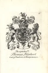 Escudo de armas y cresta del honorable Thomas Herbert, 8º Conde de Pembroke y Montgomery