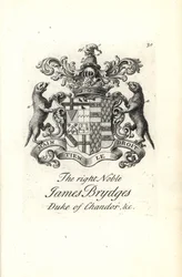 Escudo de armas y cresta del muy noble James Brydges, Duque de Chandos